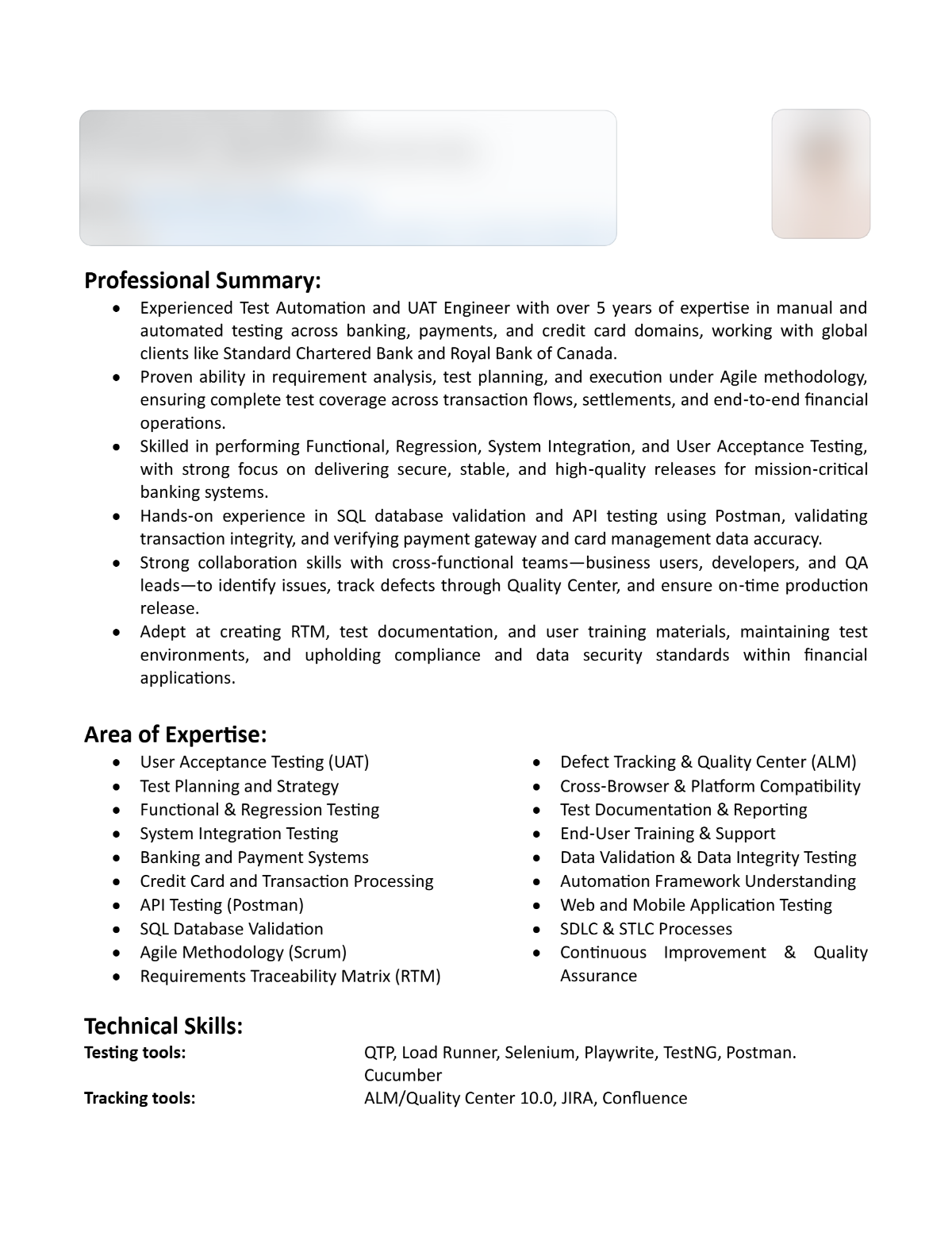 Anonymised software test engineer resume preview